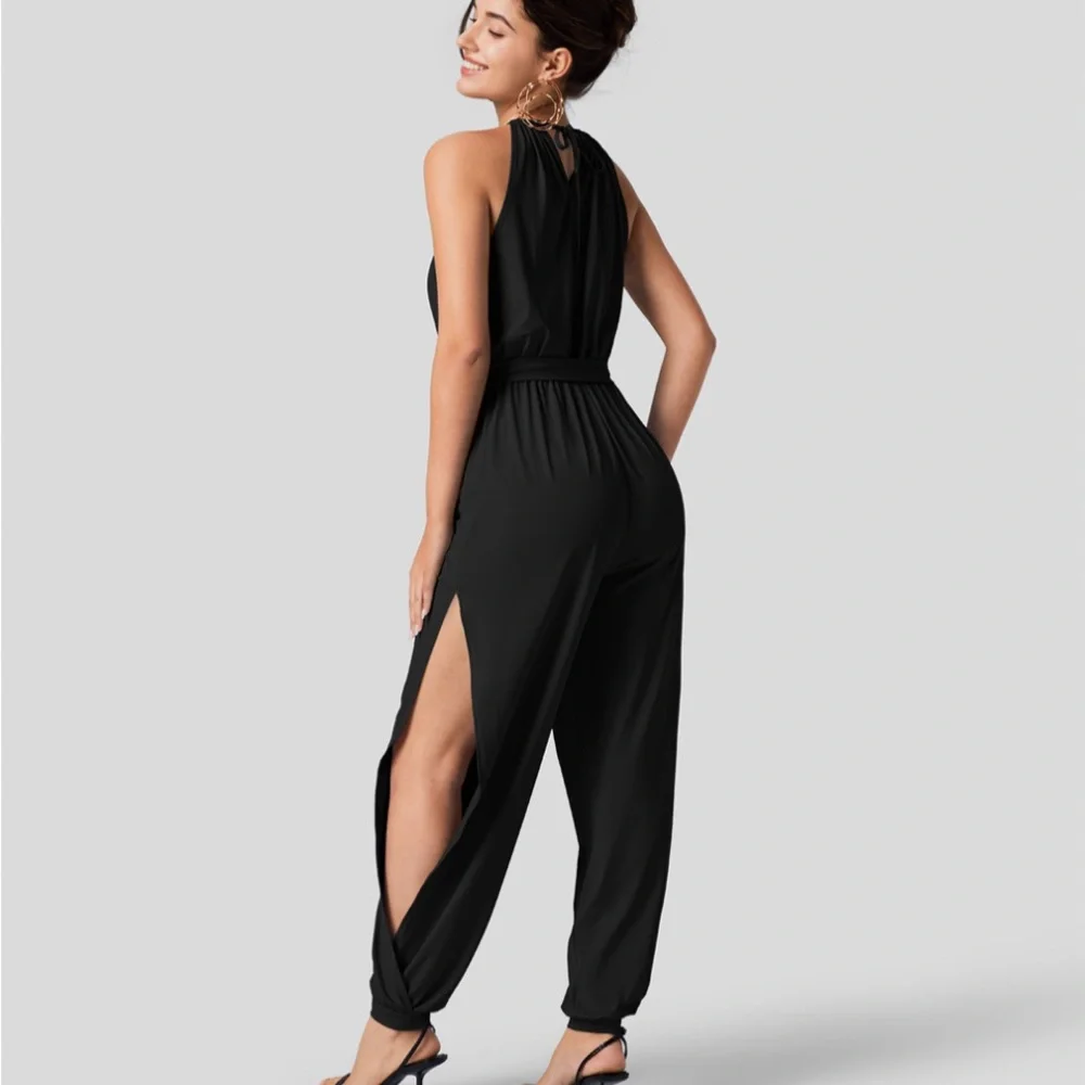 Sleeveless Tie Back Plicated Belted Side Pocket Cool Touch Jumpsuit-UPF50+ - Picture 5 of 8